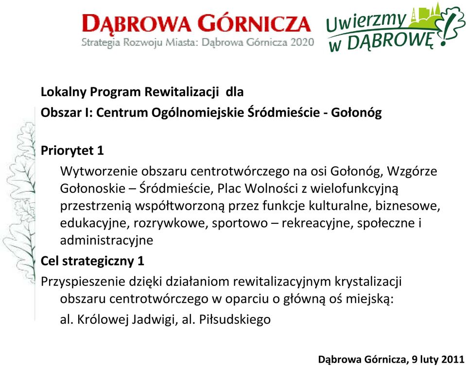 funkcje kulturalne, biznesowe, edukacyjne, rozrywkowe, sportowo rekreacyjne, społeczne i administracyjne Cel strategiczny 1