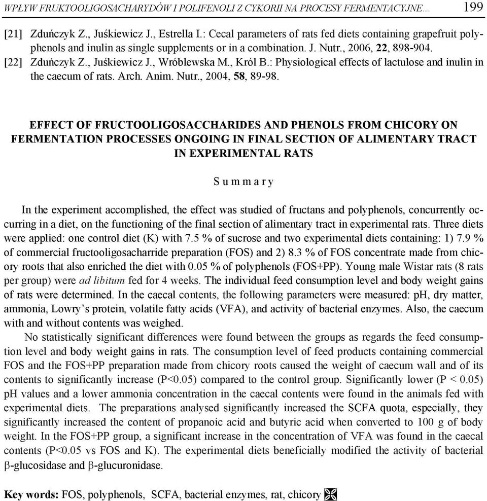 , Król B.: Physiological effects of lactulose and inulin in the caecum of rats. Arch. Anim. Nutr., 2004, 58, 89-98.