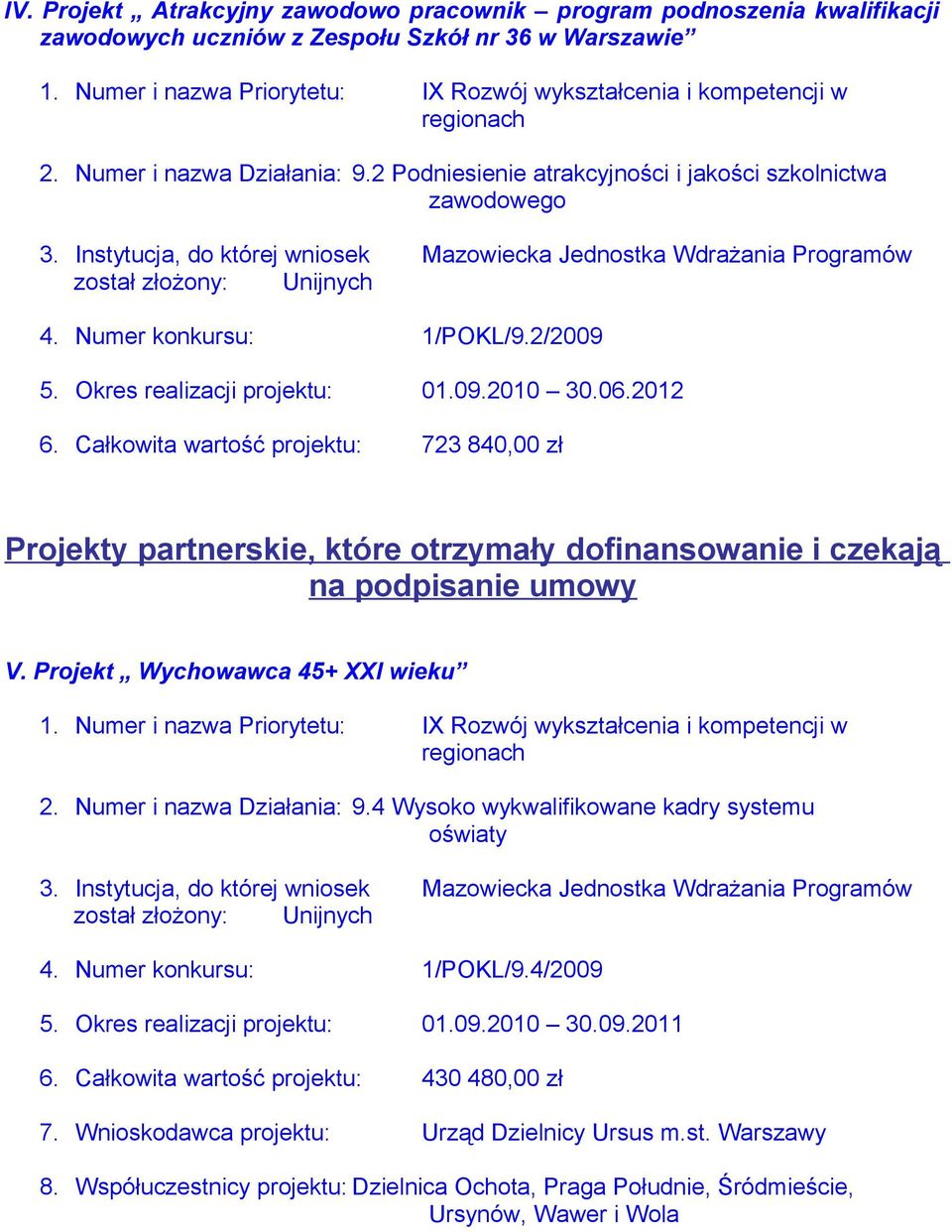 Instytucja, do której wniosek Mazowiecka Jednostka Wdrażania Programów 4. Numer konkursu: 1/POKL/9.2/2009 5. Okres realizacji projektu: 01.09.2010 30.06.2012 6.