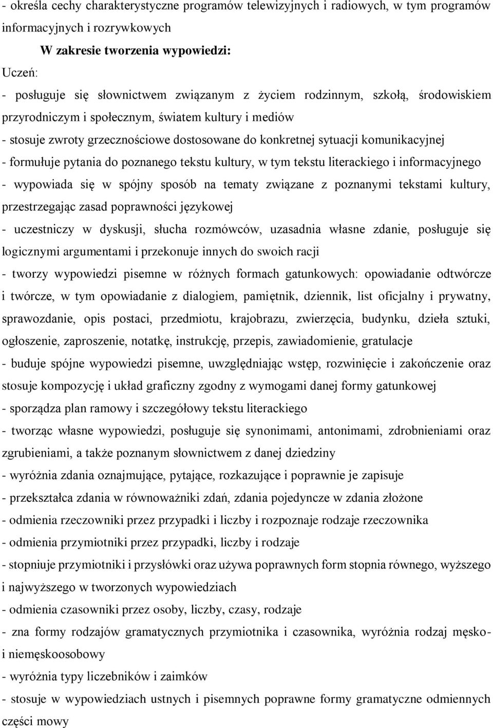 tekstu kultury, w tym tekstu literackiego i informacyjnego - wypowiada się w spójny sposób na tematy związane z poznanymi tekstami kultury, przestrzegając zasad poprawności językowej - uczestniczy w