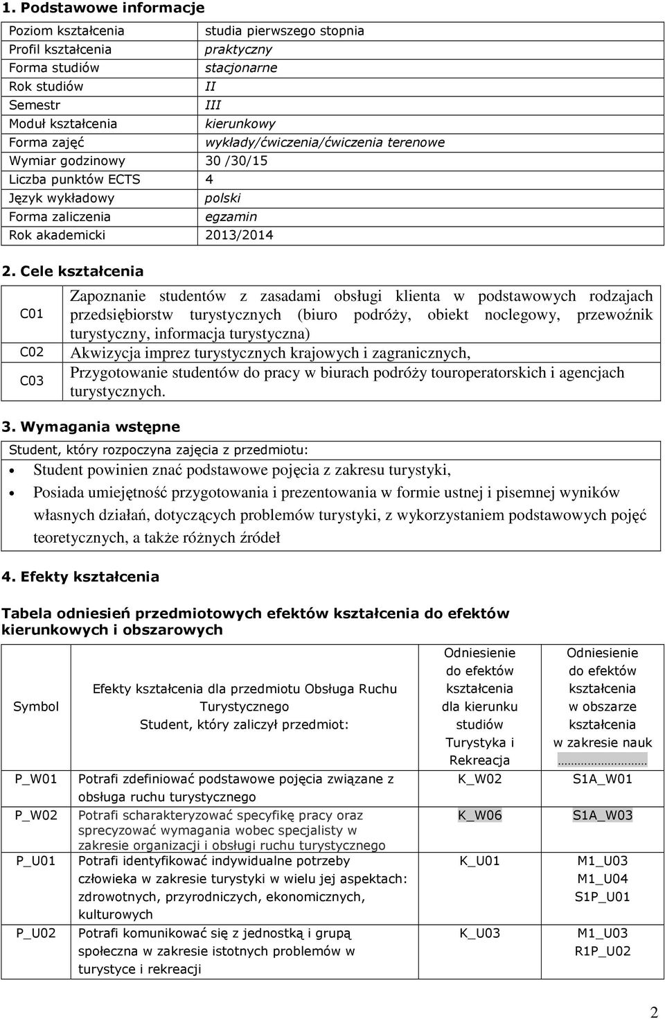 Cele C01 C0 C03 Zapoznanie studentów z zasadami obsługi klienta w podstawowych rodzajach przedsiębiorstw turystycznych (biuro podróży, obiekt noclegowy, przewoźnik turystyczny, informacja