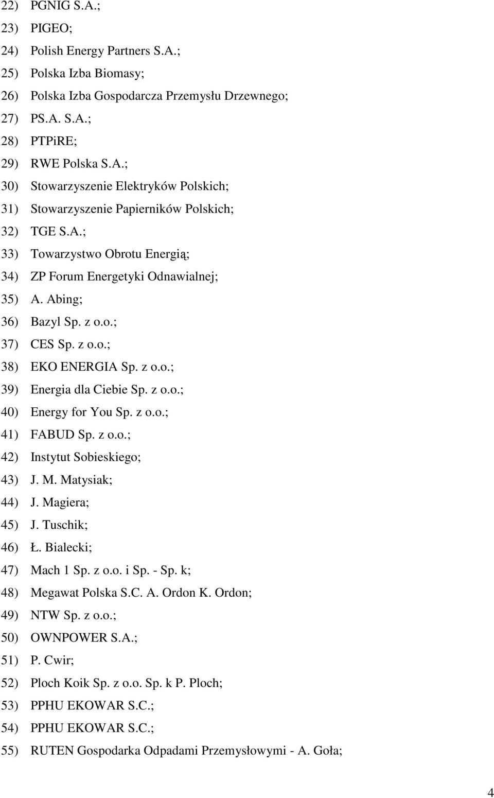 z o.o.; 41) FABUD Sp. z o.o.; 42) Instytut Sobieskiego; 43) J. M. Matysiak; 44) J. Magiera; 45) J. Tuschik; 46) Ł. Bialecki; 47) Mach 1 Sp. z o.o. i Sp. - Sp. k; 48) Megawat Polska S.C. A. Ordon K.