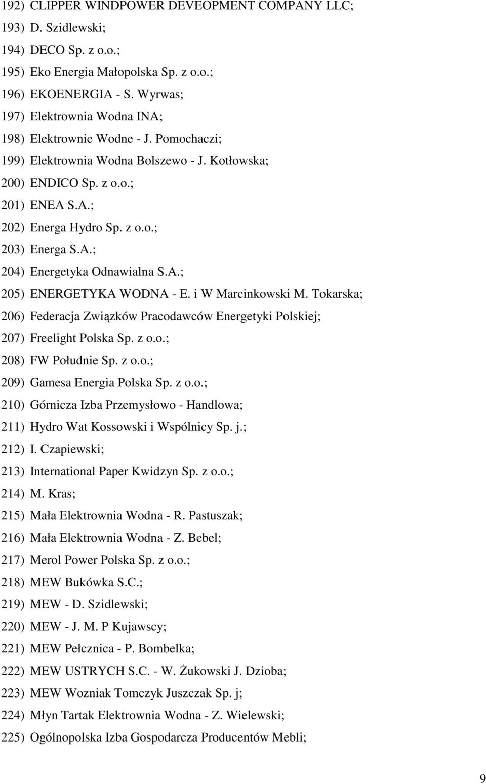 A.; 204) Energetyka Odnawialna S.A.; 205) ENERGETYKA WODNA - E. i W Marcinkowski M. Tokarska; 206) Federacja Związków Pracodawców Energetyki Polskiej; 207) Freelight Polska Sp. z o.o.; 208) FW Południe Sp.