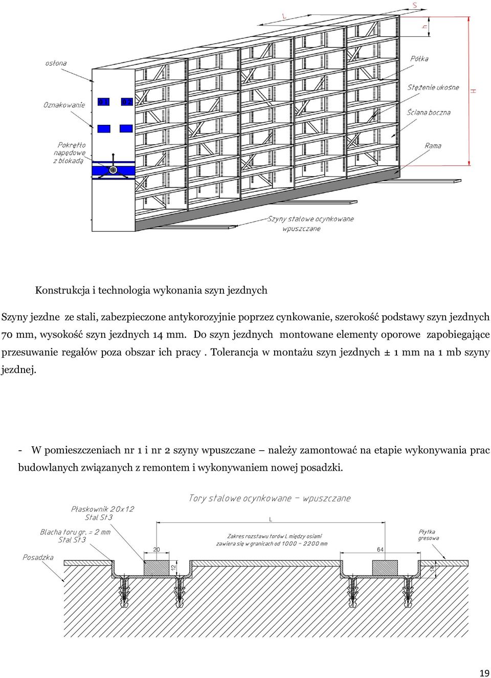 Do szyn jezdnych montowane elementy oporowe zapobiegające przesuwanie regałów poza obszar ich pracy.