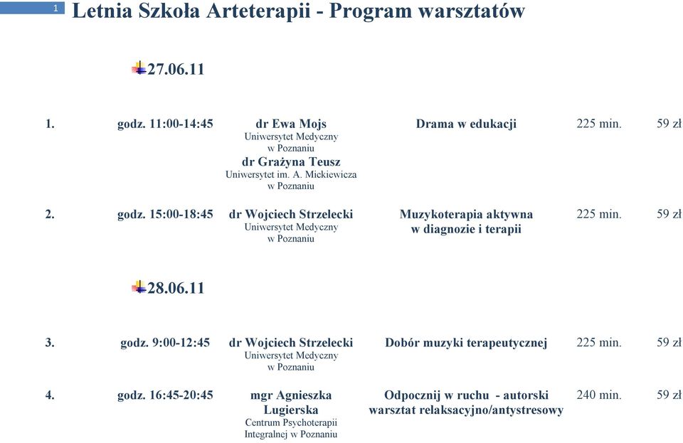 godz. 9:00-12:45 dr Wojciech Strzelecki Dobór muzyki terapeutycznej 225 min. 59 zł 4. godz.