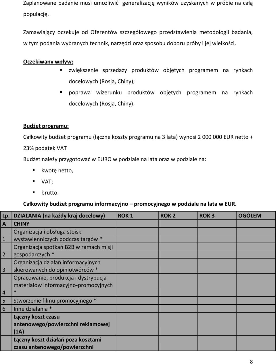 Oczekiwany wpływ: zwiększenie sprzedaży produktów objętych programem na rynkach docelowych (Rosja, Chiny); poprawa wizerunku produktów objętych programem na rynkach docelowych (Rosja, Chiny).