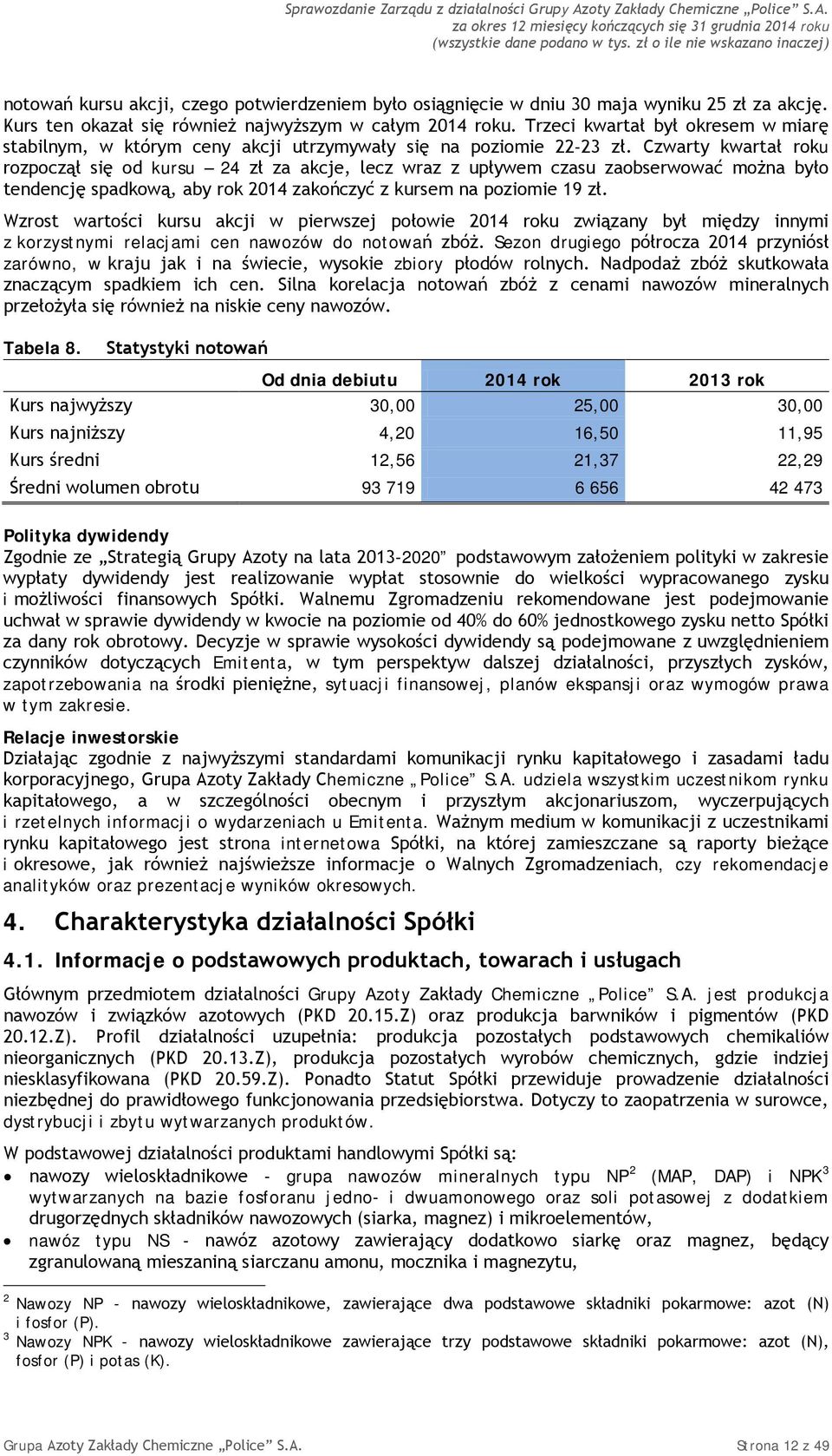 Czwarty kwartał roku rozpoczął się od kursu 24 zł za akcje, lecz wraz z upływem czasu zaobserwować można było tendencję spadkową, aby rok 2014 zakończyć z kursem na poziomie 19 zł.