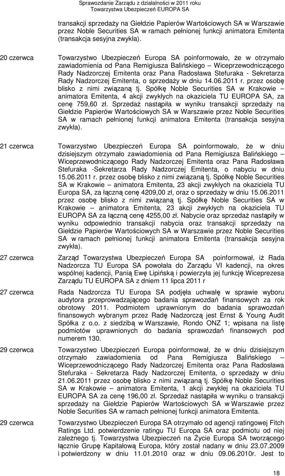 Sekretarza Rady Nadzorczej Emitenta, o sprzedaŝy w dniu 14.06.2011 r. przez osobę blisko z nimi związaną tj.