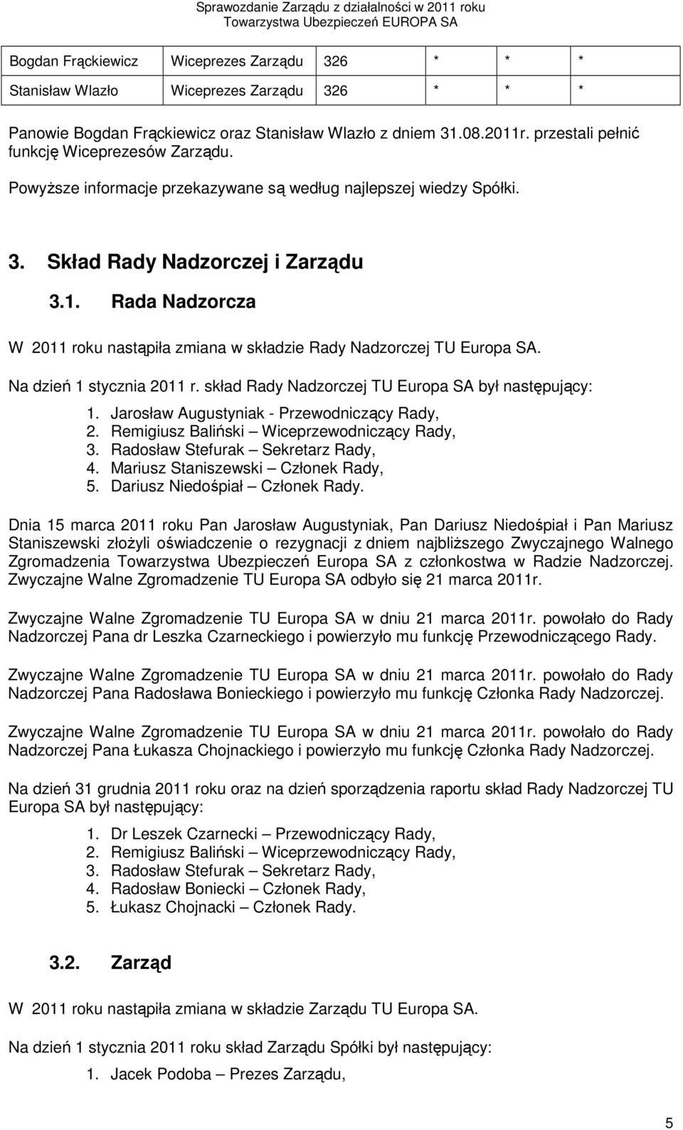 Rada Nadzorcza W 2011 roku nastąpiła zmiana w składzie Rady Nadzorczej TU Europa SA. Na dzień 1 stycznia 2011 r. skład Rady Nadzorczej TU Europa SA był następujący: 1.