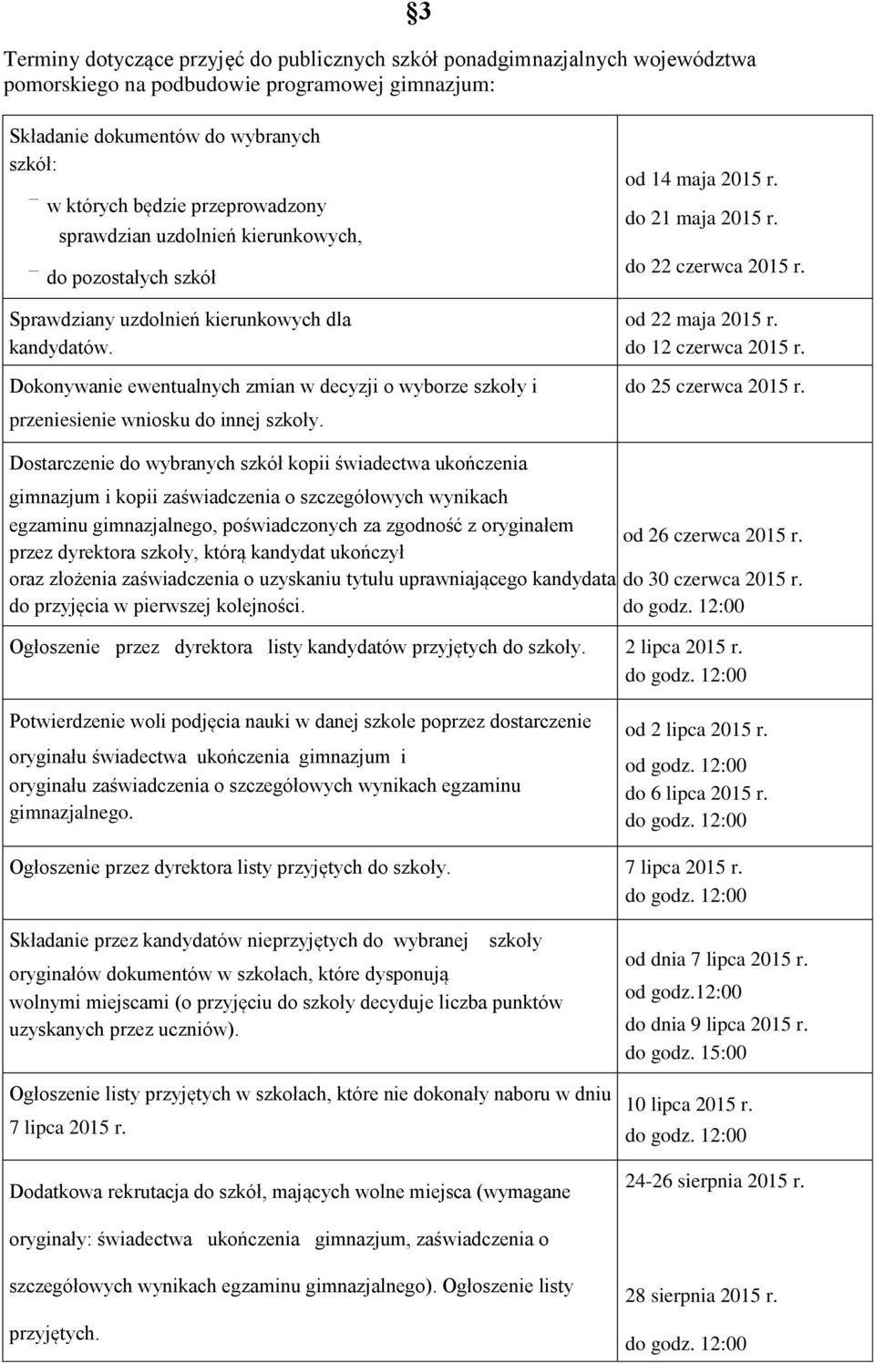 Dokonywanie ewentualnych zmian w decyzji o wyborze szkoły i przeniesienie wniosku do innej szkoły. od 14 maja 2015 r. do 21 maja 2015 r. do 22 czerwca 2015 r. od 22 maja 2015 r. do 12 czerwca 2015 r.