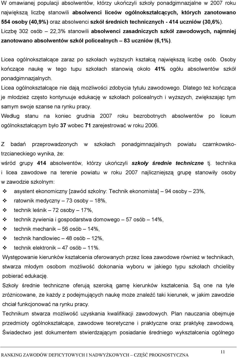 Liczbę 302 osób 22,3% stanowili absolwenci zasadniczych szkół zawodowych, najmniej zanotowano absolwentów szkół policealnych 83 uczniów (6,1%).