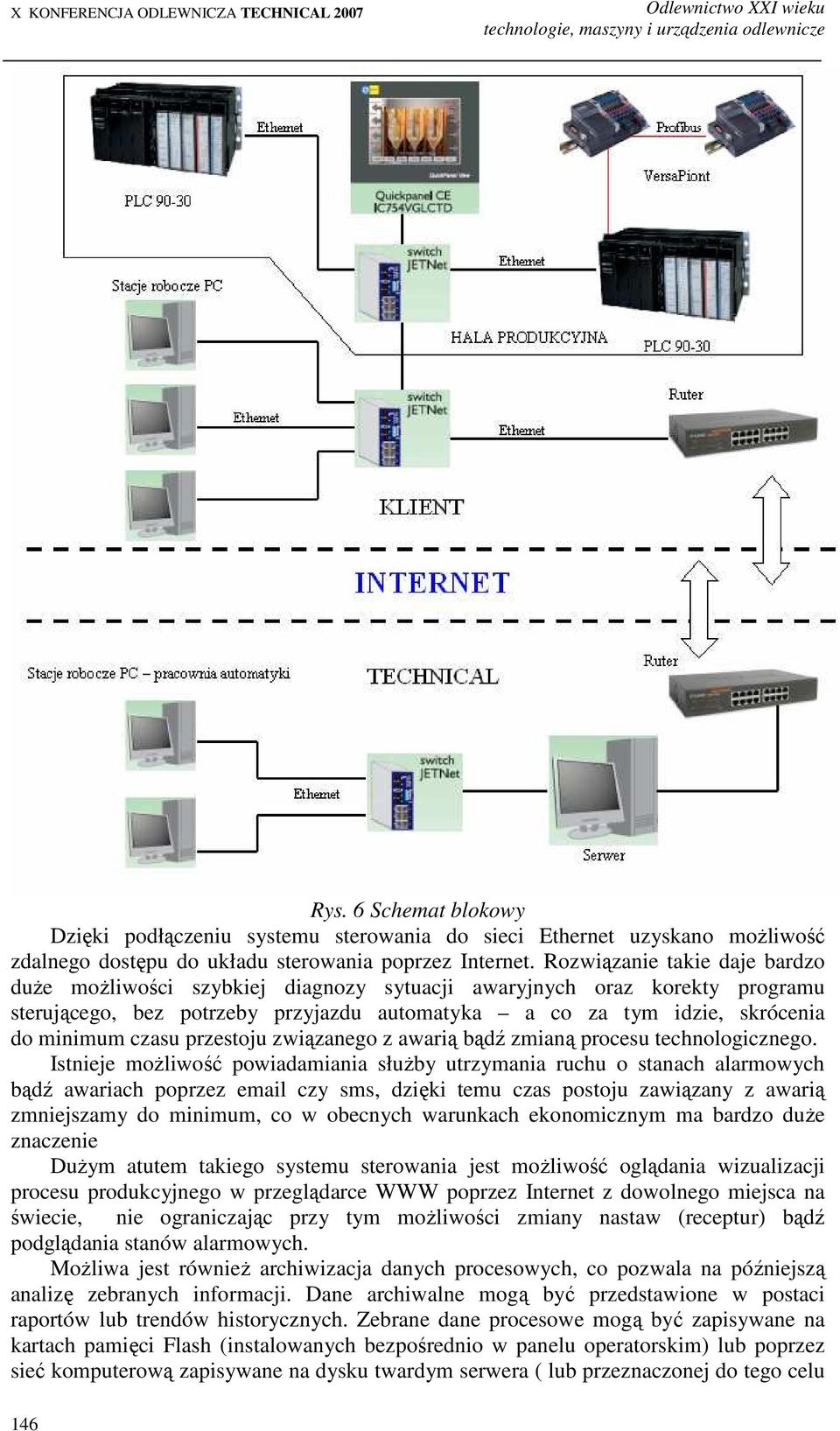 Rozwiązanie takie daje bardzo duŝe moŝliwości szybkiej diagnozy sytuacji awaryjnych oraz korekty programu sterującego, bez potrzeby przyjazdu automatyka a co za tym idzie, skrócenia do minimum czasu