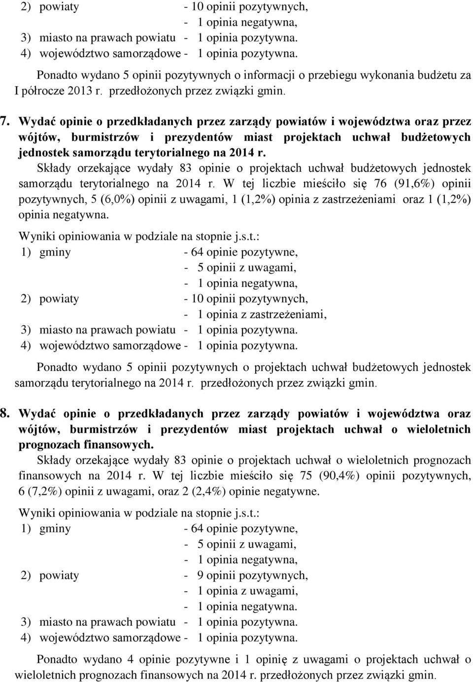 Wydać opinie o przedkładanych przez zarządy powiatów i województwa oraz przez wójtów, burmistrzów i prezydentów miast projektach uchwał budżetowych jednostek samorządu terytorialnego na 2014 r.