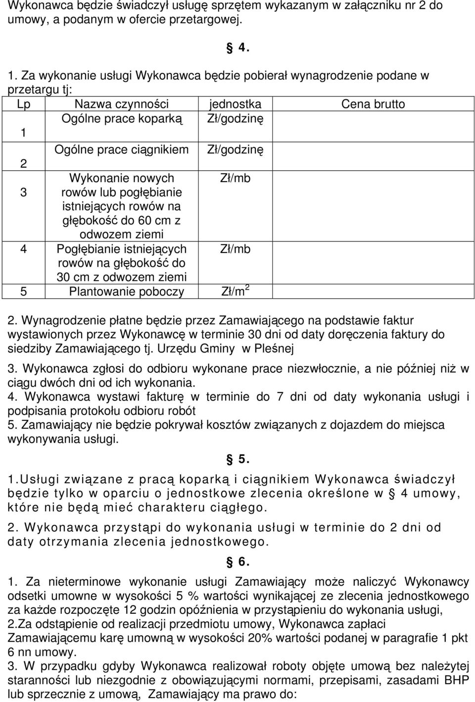 Wykonanie nowych Zł/mb 3 rowów lub pogłębianie istniejących rowów na głębokość do 60 cm z odwozem ziemi 4 Pogłębianie istniejących Zł/mb rowów na głębokość do 30 cm z odwozem ziemi 5 Plantowanie