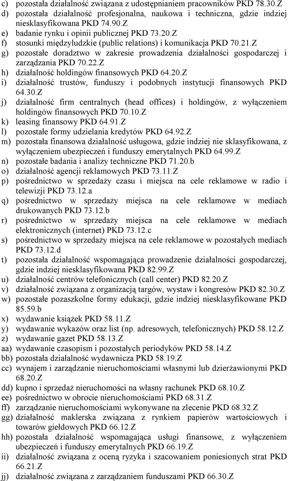 Z g) pozostałe doradztwo w zakresie prowadzenia działalności gospodarczej i zarządzania PKD 70.22.Z h) działalność holdingów finansowych PKD 64.20.