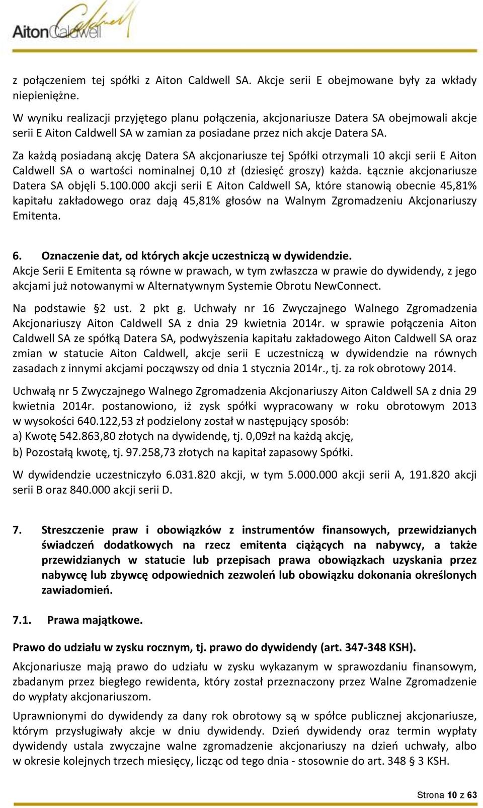 Za każdą posiadaną akcję Datera SA akcjonariusze tej Spółki otrzymali 10 akcji serii E Aiton Caldwell SA o wartości nominalnej 0,10 zł (dziesięć groszy) każda.