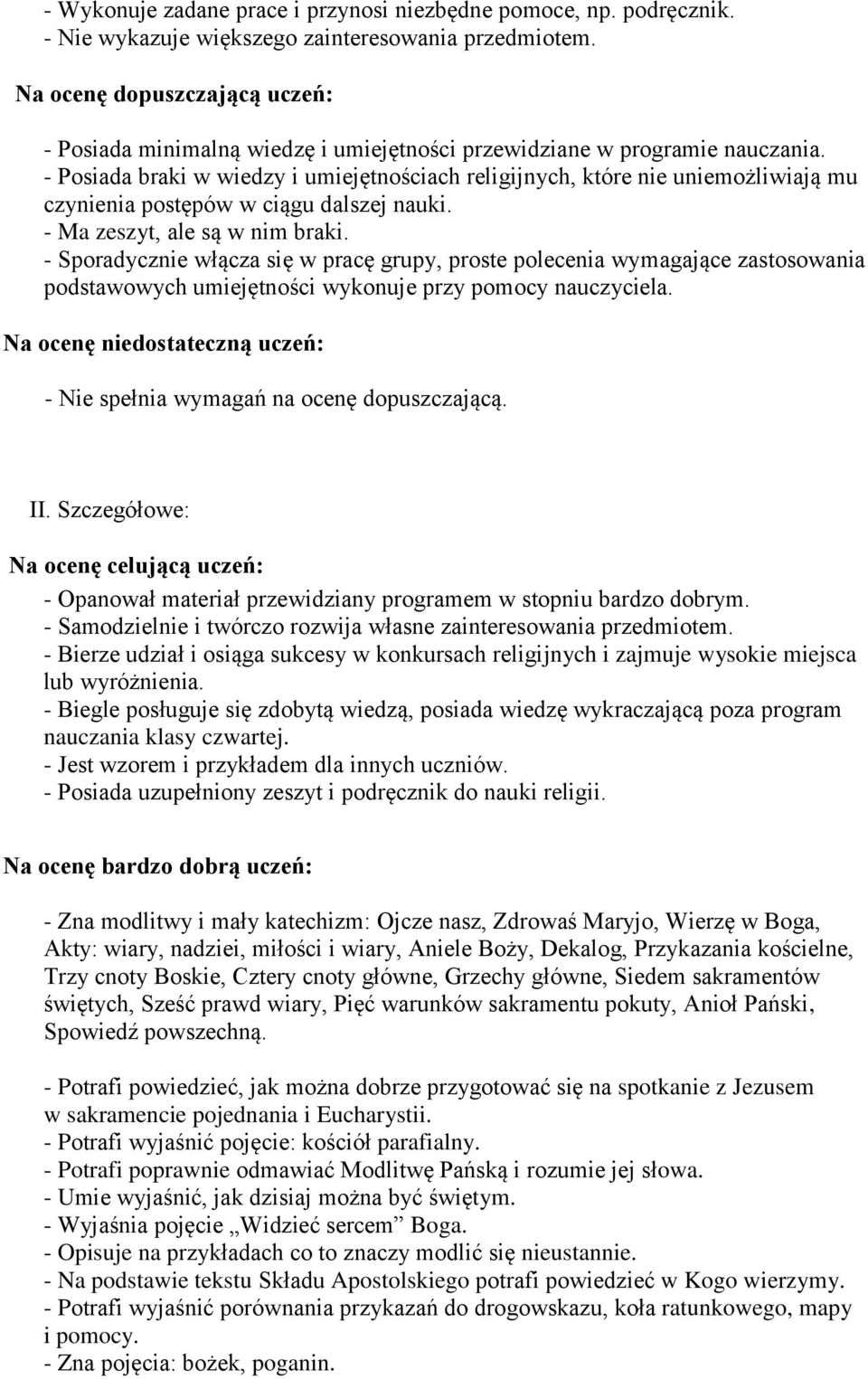 - Posiada braki w wiedzy i umiejętnościach religijnych, które nie uniemożliwiają mu czynienia postępów w ciągu dalszej nauki. - Ma zeszyt, ale są w nim braki.