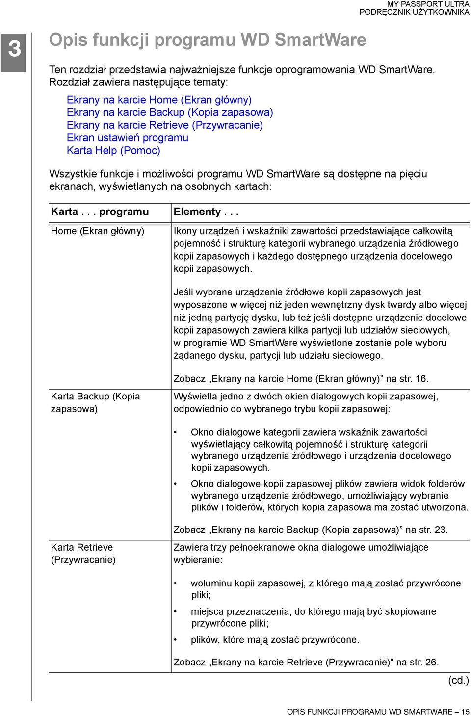 Wszystkie funkcje i możliwości programu WD SmartWare są dostępne na pięciu ekranach, wyświetlanych na osobnych kartach: Karta... programu Elementy.