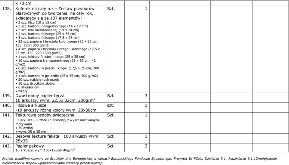 papieru i brystolu kolorowego (25 x 35 cm, 130, 220 i 300 g/m2) 4 szt. papieru i brystolu złotego i srebrnego (17,5 x 25 cm, 130, 220 i 300 g/m2) 1 szt. tektury falistej tęcza (25 x 35 cm) 10 szt.