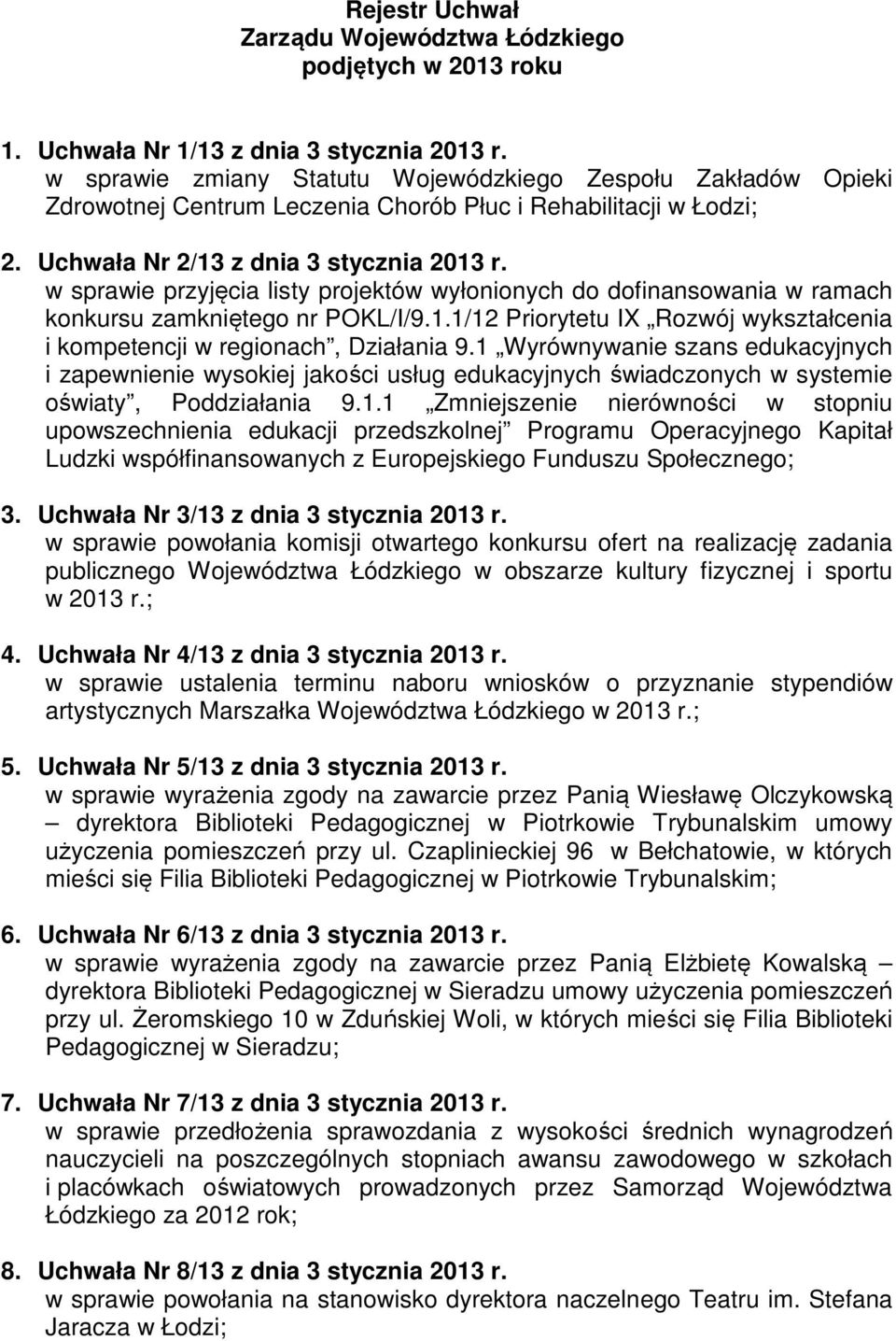 w sprawie przyjęcia listy projektów wyłonionych do dofinansowania w ramach konkursu zamkniętego nr POKL/I/9.1.1/12 Priorytetu IX Rozwój wykształcenia i kompetencji w regionach, Działania 9.