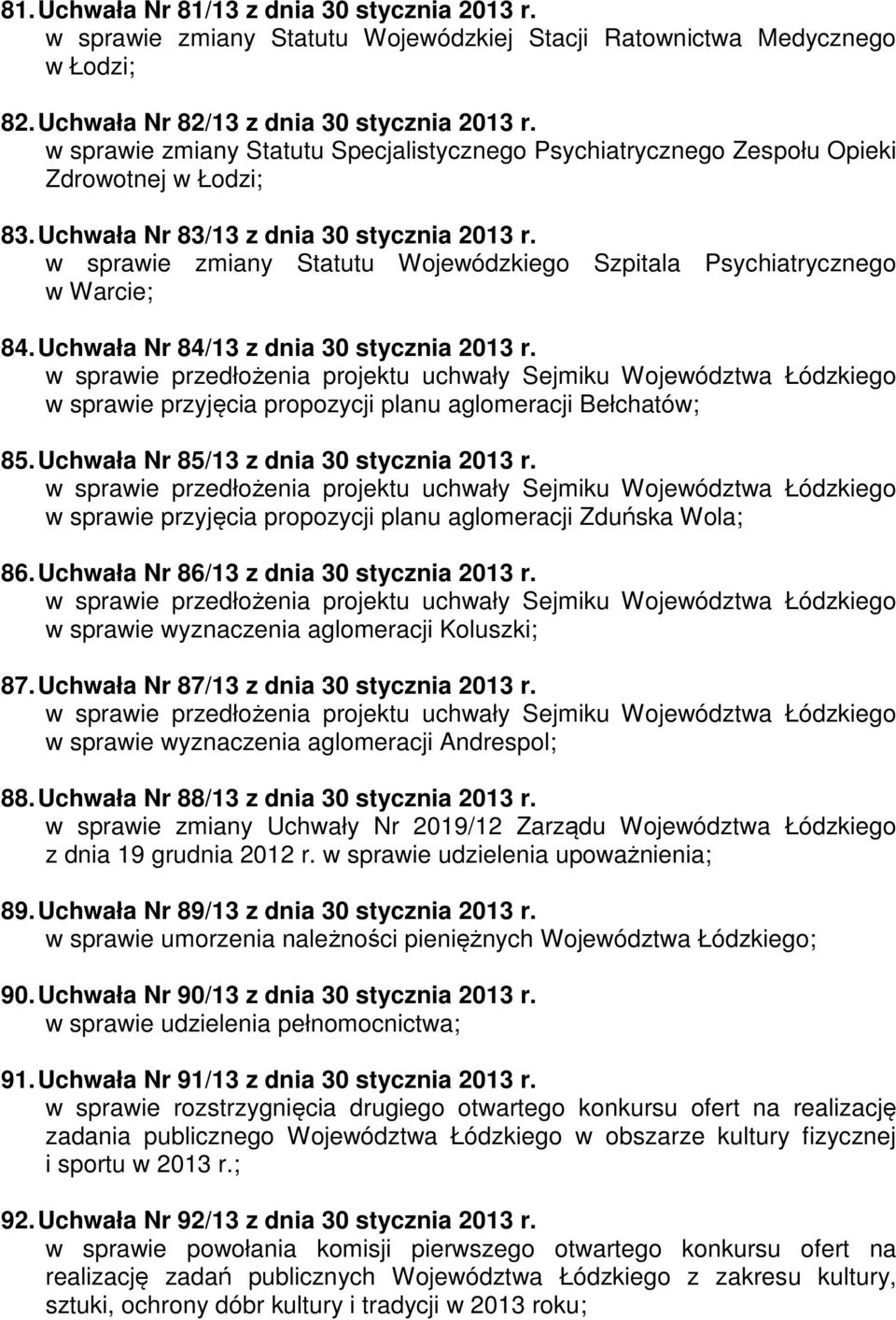 w sprawie zmiany Statutu Wojewódzkiego Szpitala Psychiatrycznego w Warcie; 84. Uchwała Nr 84/13 z dnia 30 stycznia 2013 r. w sprawie przyjęcia propozycji planu aglomeracji Bełchatów; 85.