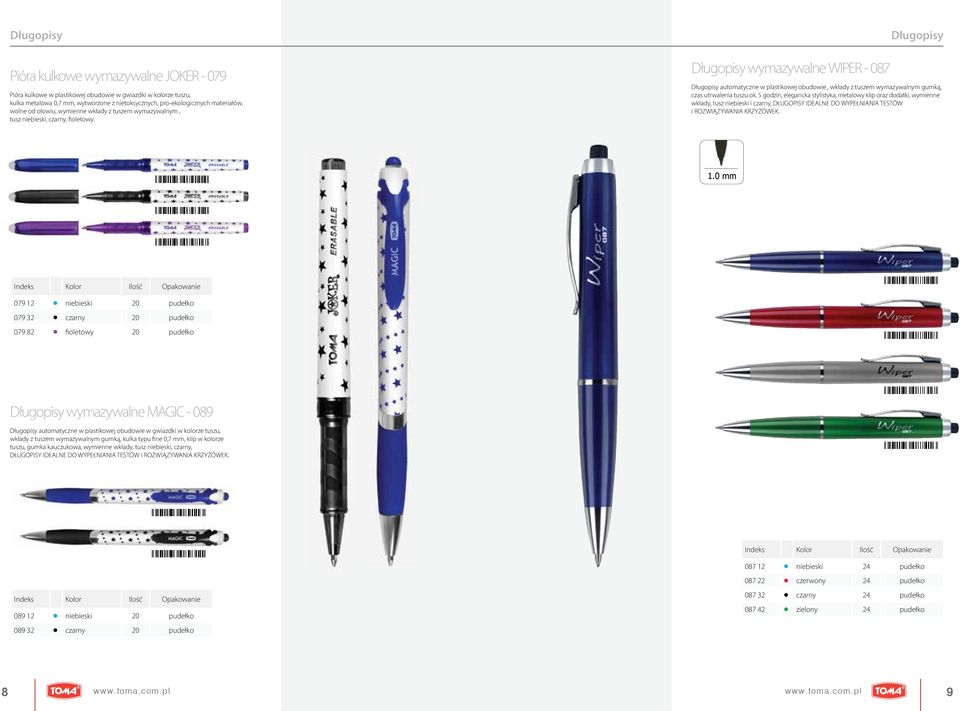 długopisy wymazywalne wiper - 087 Długopisy długopisy automatyczne w plastikowej obudowie, wkłady z tuszem wymazywalnym gumką, czas utrwalenia tuszu ok.