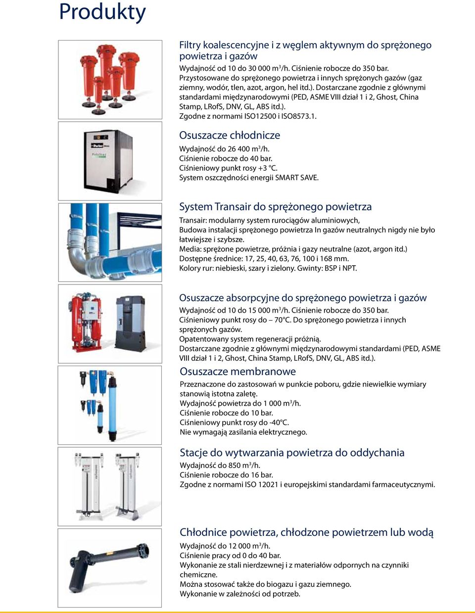 Dostarczane zgodnie z głównymi standardami międzynarodowymi (PED, ASME VIII dział 1 i 2, Ghost, China Stamp, LRofS, DNV, GL, ABS itd.). Zgodne z normami ISO12500 i ISO8573.1. Osuszacze chłodnicze Wydajność do 26 400 m 3 /h.