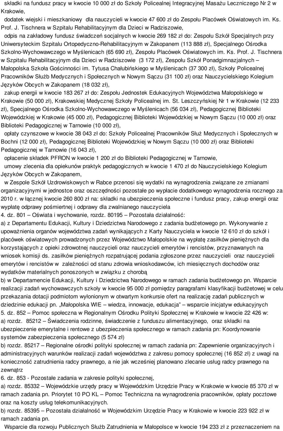 Tischnera w Szpitalu Rehabilitacyjnym dla Dzieci w Radziszowie, odpis na zakładowy fundusz świadczeń socjalnych w kwocie 269 182 zł do: Zespołu Szkół Specjalnych przy Uniwersyteckim Szpitalu