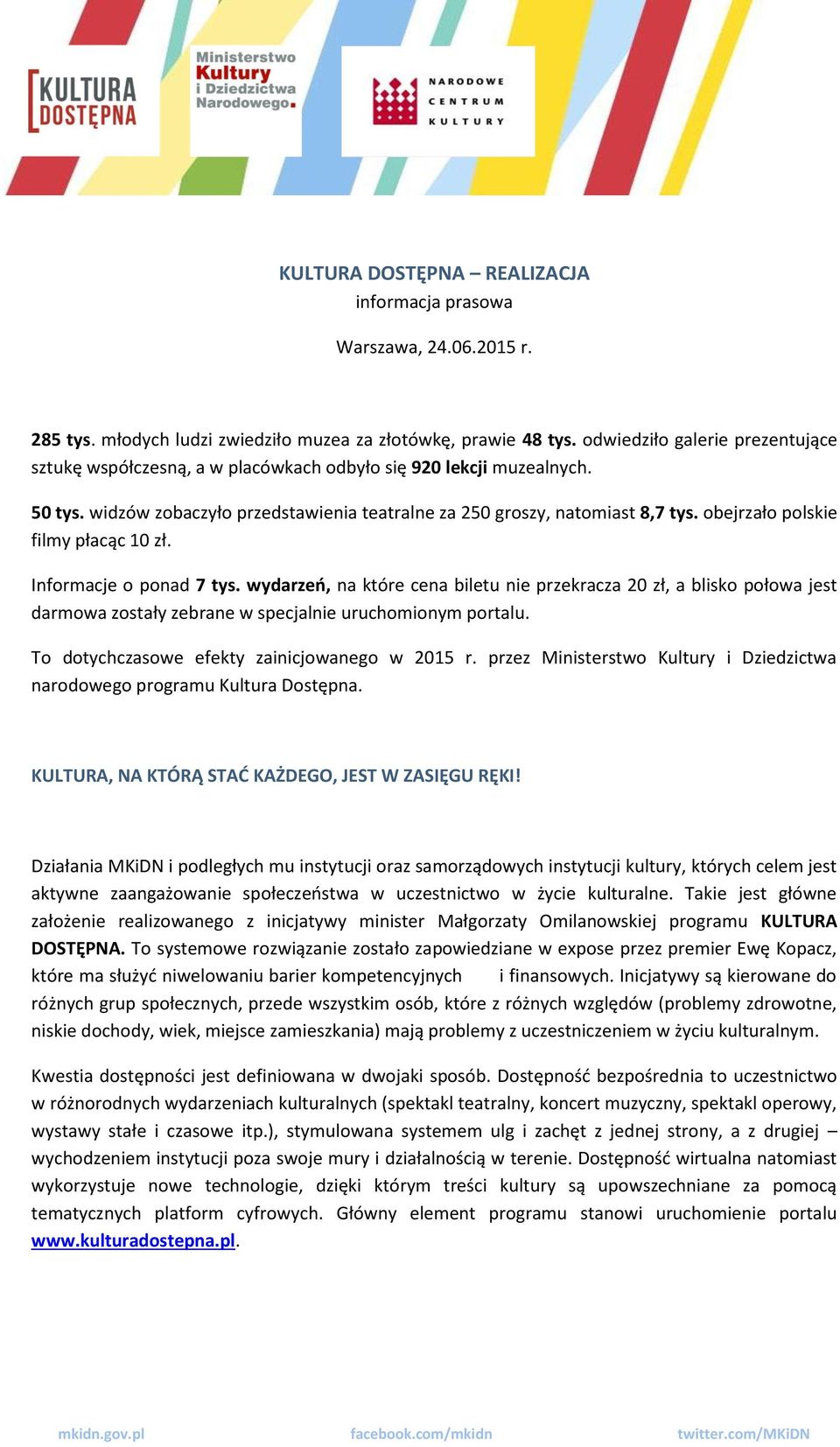 obejrzało polskie filmy płacąc 10 zł. Informacje o ponad 7 tys. wydarzeń, na które cena biletu nie przekracza 20 zł, a blisko połowa jest darmowa zostały zebrane w specjalnie uruchomionym portalu.