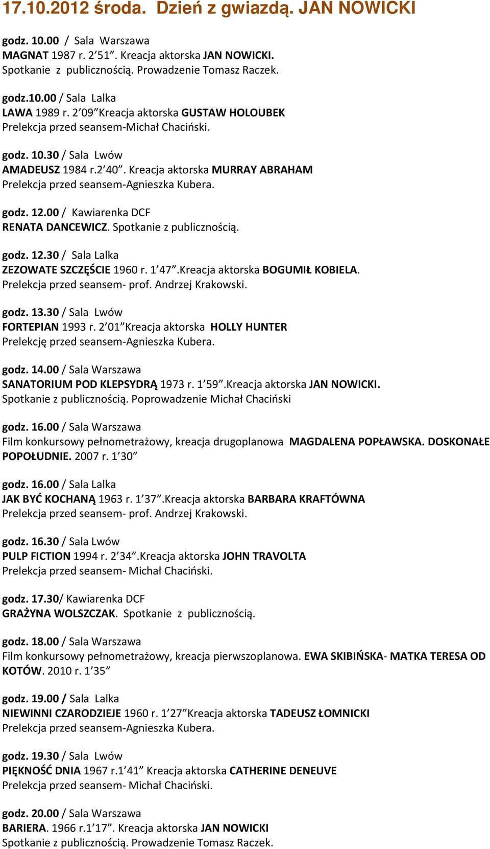 FORTEPIAN 1993 r. 2 01 Kreacja aktorska HOLLY HUNTER Prelekcję przed seansem-agnieszka Kubera. SANATORIUM POD KLEPSYDRĄ 1973 r. 1 59.Kreacja aktorska JAN NOWICKI. Spotkanie z publicznością.