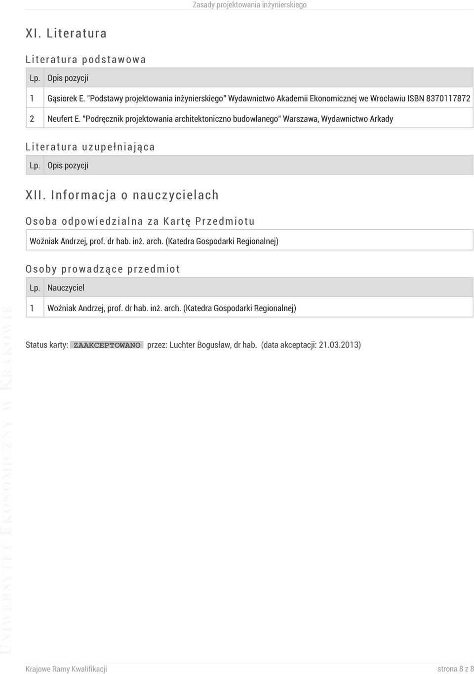 "Podręcznik projektowania architektoniczno budowlanego" Warszawa, Wydawnictwo Arkady Literatura uzupełniająca Lp. pozycji XII.