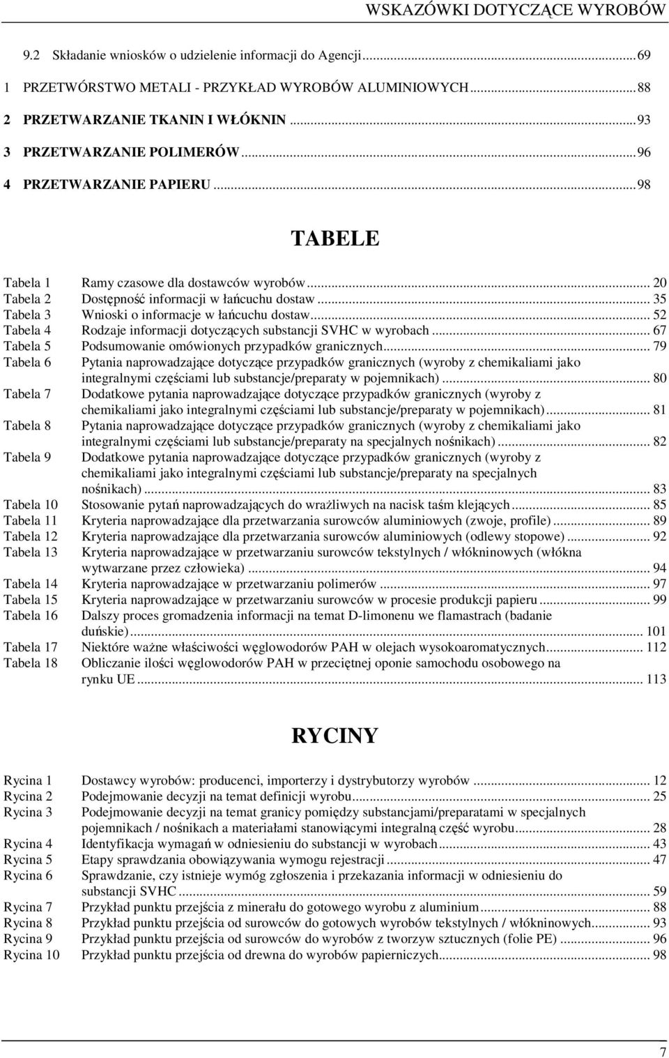 .. 35 Tabela 3 Wnioski o informacje w łańcuchu dostaw... 52 Tabela 4 Rodzaje informacji dotyczących substancji SVHC w wyrobach... 67 Tabela 5 Podsumowanie omówionych przypadków granicznych.