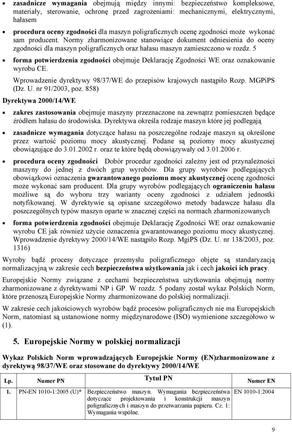 5 forma potwierdzenia zgodności obejmuje Deklarację Zgodności WE oraz oznakowanie wyrobu CE. Wprowadzenie dyrektywy 98/37/WE do przepisów krajowych nastąpiło Rozp. MGPiPS (Dz. U. nr 91/2003, poz.