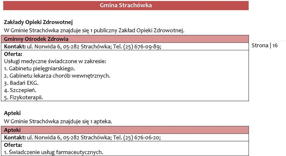 Gabinetu pielęgniarskiego. 2. Gabinetu lekarza chorób wewnętrznych. 3. Badań EKG. 4. Szczepień. 5.