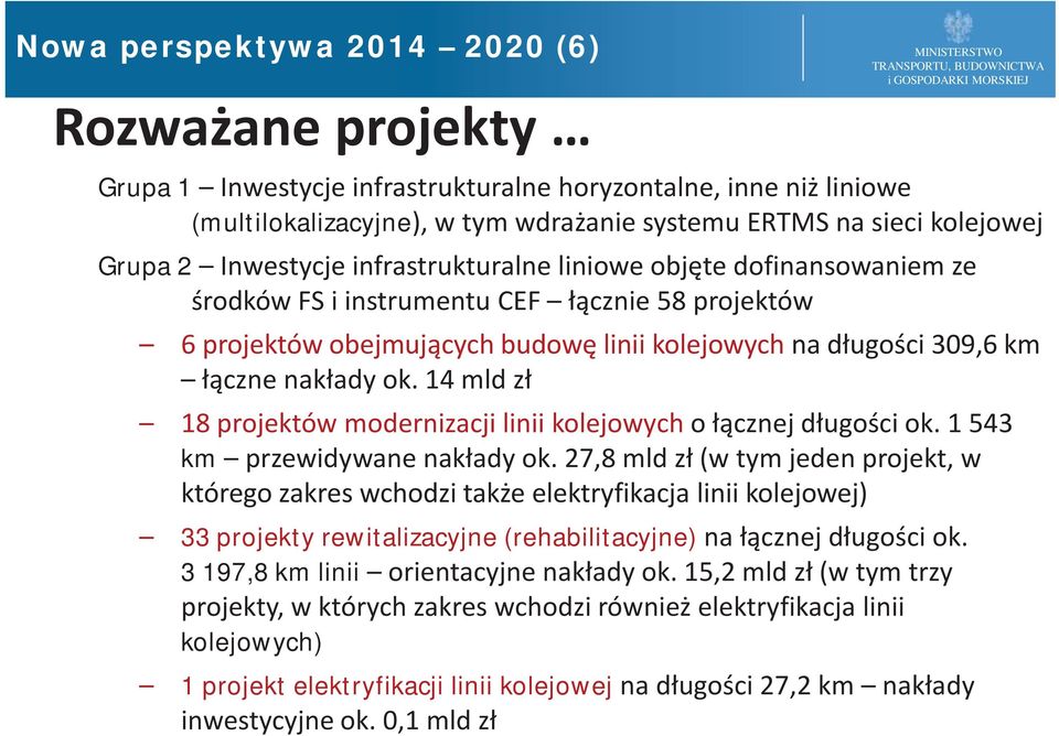 ok. 14 mld zł 18 projektów modernizacji linii kolejowych o łącznej długości ok. 1 543 km przewidywane nakłady ok.