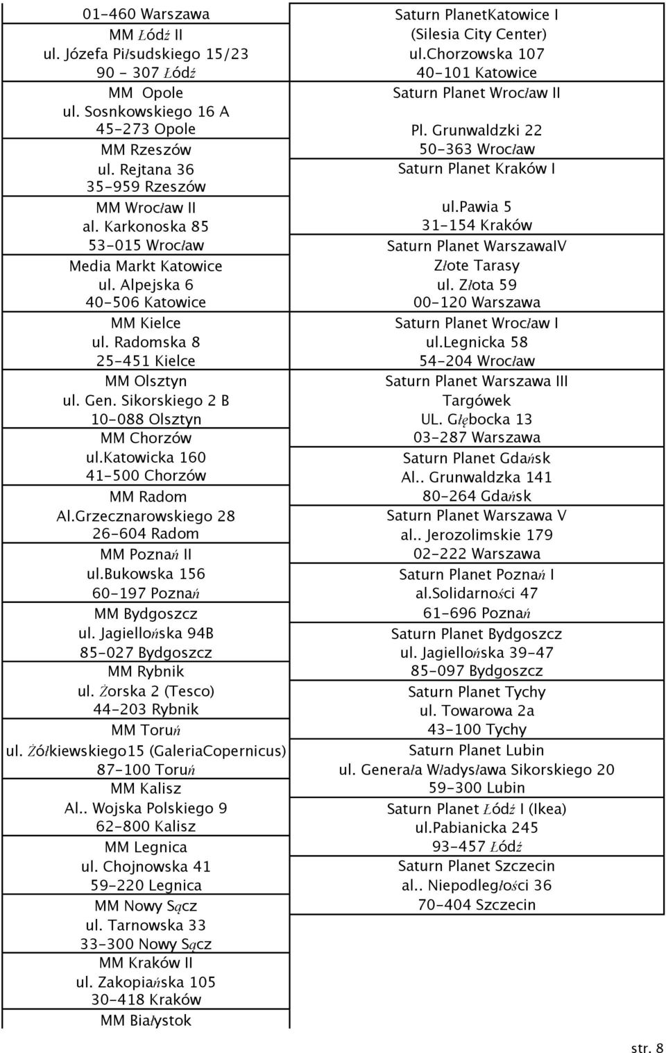 Karkonoska 85 31-154 Kraków 53-015 Wrocław Saturn Planet WarszawaIV Media Markt Katowice Złote Tarasy ul. Alpejska 6 ul. Złota 59 40-506 Katowice 00-120 Warszawa MM Kielce Saturn Planet Wrocław I ul.