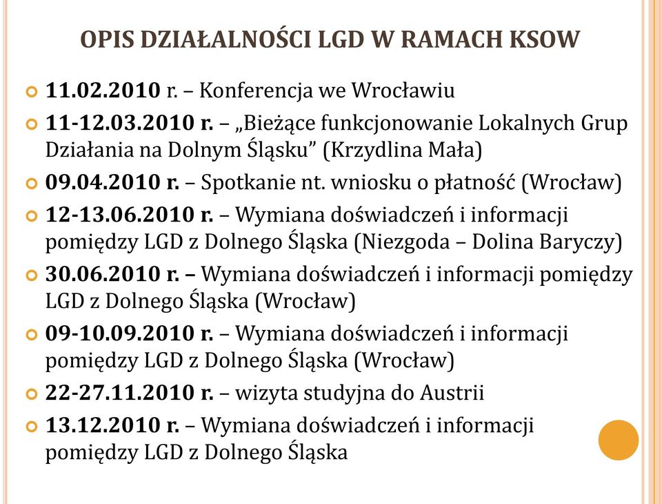 06.2010 r. Wymiana doświadczeń i informacji pomiędzy LGD z Dolnego Śląska (Wrocław) 09-10.09.2010 r. Wymiana doświadczeń i informacji pomiędzy LGD z Dolnego Śląska (Wrocław) 22-27.