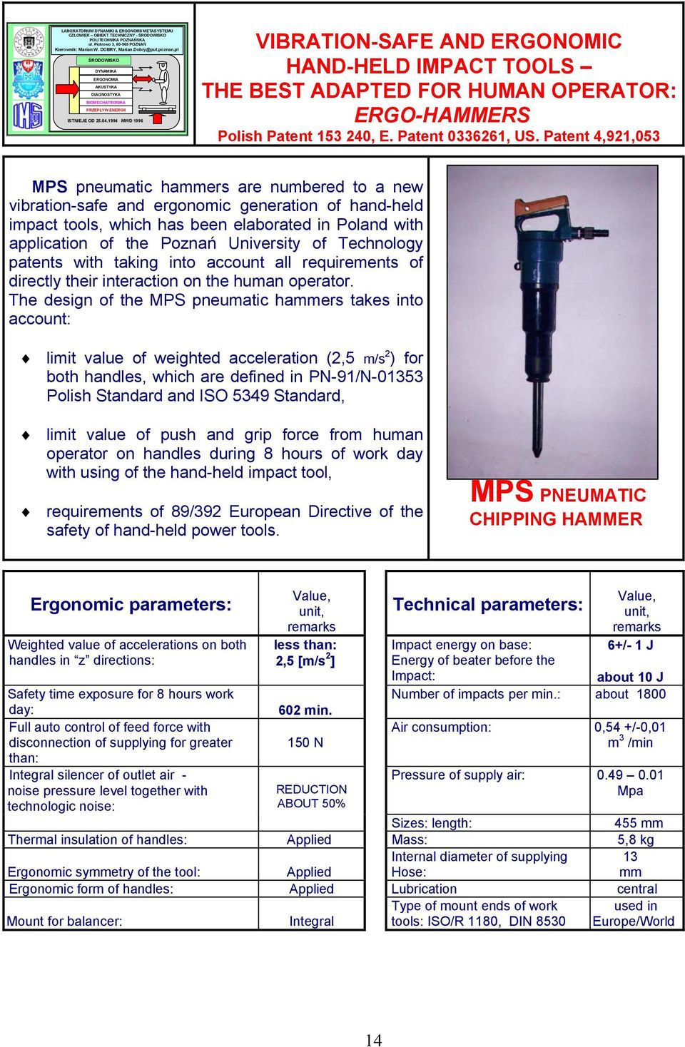 1994 MWD 1996 VIBRATION-SAFE AND ERGONOMIC HAND-HELD IMPACT TOOLS THE BEST ADAPTED FOR HUMAN OPERATOR: ERGO-HAMMERS Polish Patent 153 240, E. Patent 0336261, US.