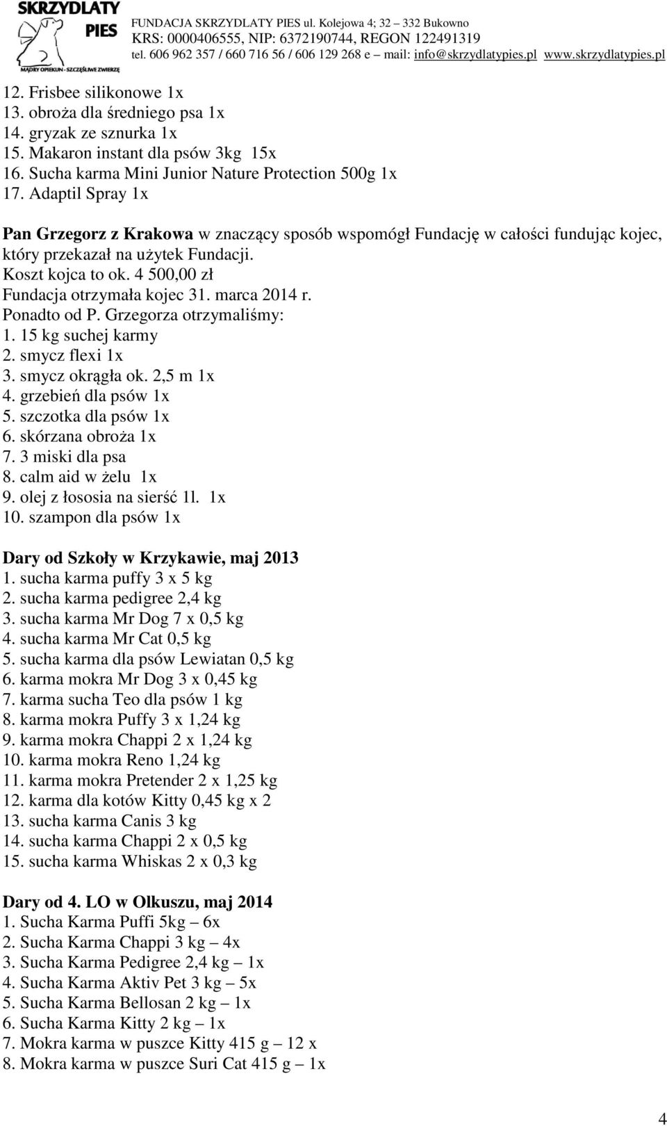 marca 2014 r. Ponadto od P. Grzegorza otrzymaliśmy: 1. 15 kg suchej karmy 2. smycz flexi 1x 3. smycz okrągła ok. 2,5 m 1x 4. grzebień dla psów 1x 5. szczotka dla psów 1x 6. skórzana obroża 1x 7.