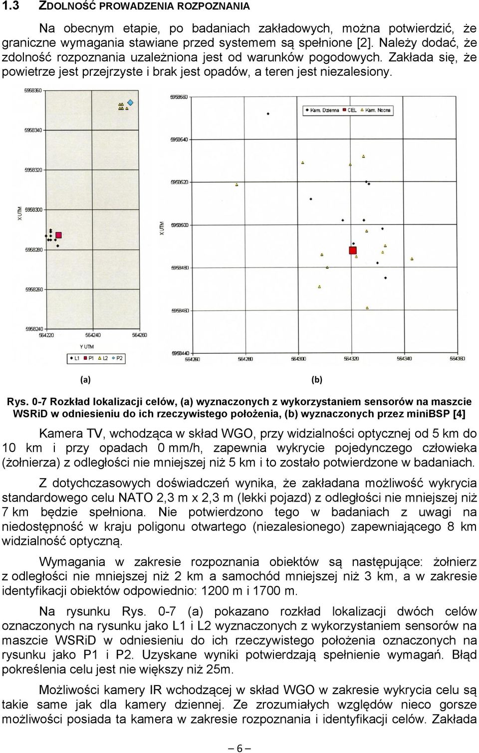 0-7 Rozkład lokalizacji celów, (a) wyznaczonych z wykorzystaniem sensorów na maszcie WSRiD w odniesieniu do ich rzeczywistego położenia, (b) wyznaczonych przez minibsp [4] Kamera TV, wchodząca w