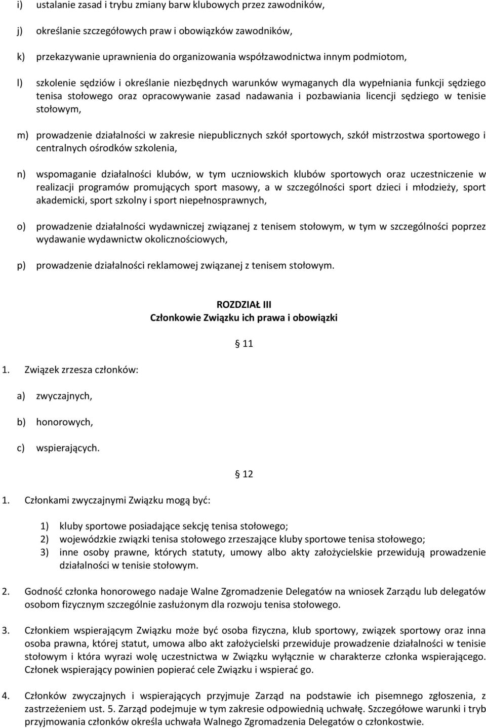 tenisie stołowym, m) prowadzenie działalności w zakresie niepublicznych szkół sportowych, szkół mistrzostwa sportowego i centralnych ośrodków szkolenia, n) wspomaganie działalności klubów, w tym