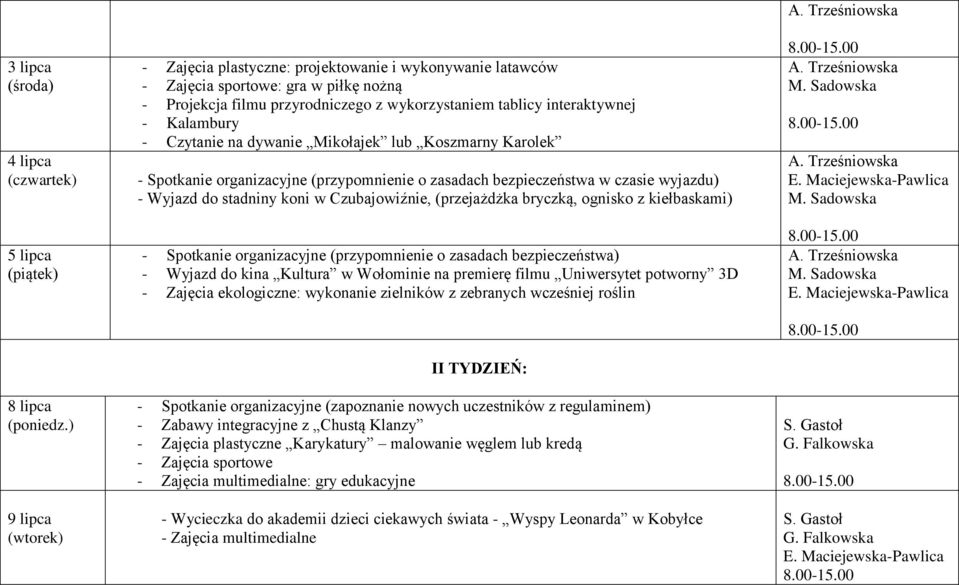 Czubajowiźnie, (przejażdżka bryczką, ognisko z kiełbaskami) - Spotkanie organizacyjne (przypomnienie o zasadach bezpieczeństwa) - Wyjazd do kina Kultura w Wołominie na premierę filmu Uniwersytet