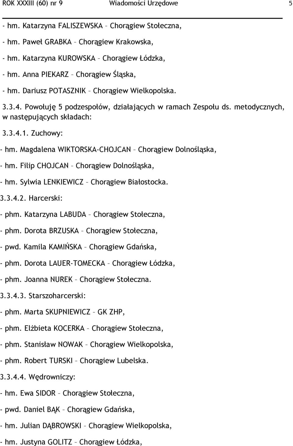 Zuchowy: - hm. Magdalena WIKTORSKA-CHOJCAN Chorągiew Dolnośląska, - hm. Filip CHOJCAN Chorągiew Dolnośląska, - hm. Sylwia LENKIEWICZ Chorągiew Białostocka. 3.3.4.2. Harcerski: - phm.