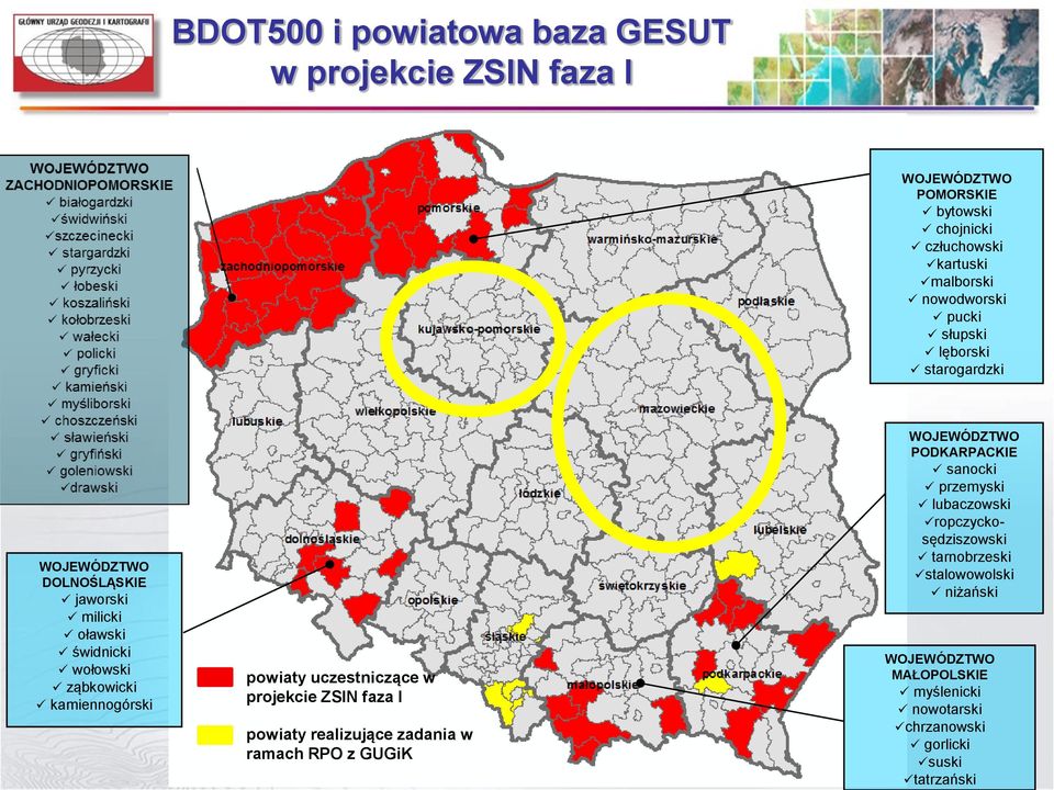 uczestniczące w projekcie ZSIN faza I powiaty realizujące zadania w ramach RPO z GUGiK WOJEWÓDZTWO PODKARPACKIE sanocki przemyski