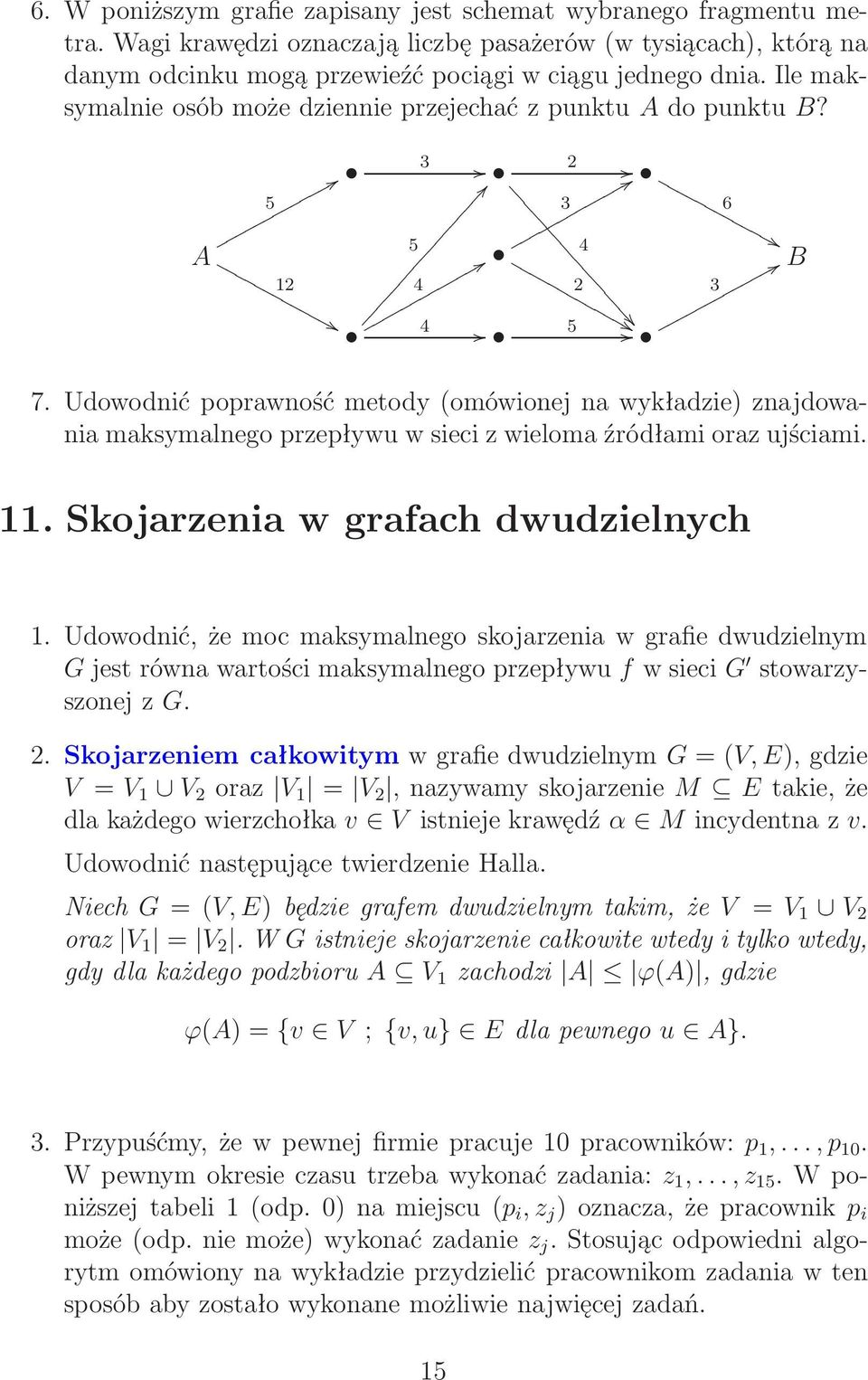 Udowodnić poprawność metody(omówionej na wykładzie) znajdowania maksymalnego przepływu w sieci z wieloma źródłami oraz ujściami. 11. Skojarzenia w grafach dwudzielnych 1.