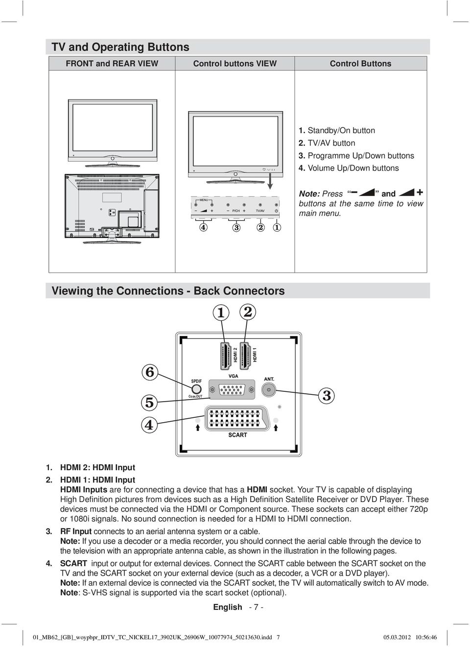 HDMI 1: HDMI Input HDMI Inputs are for connecting a device that has a HDMI socket.