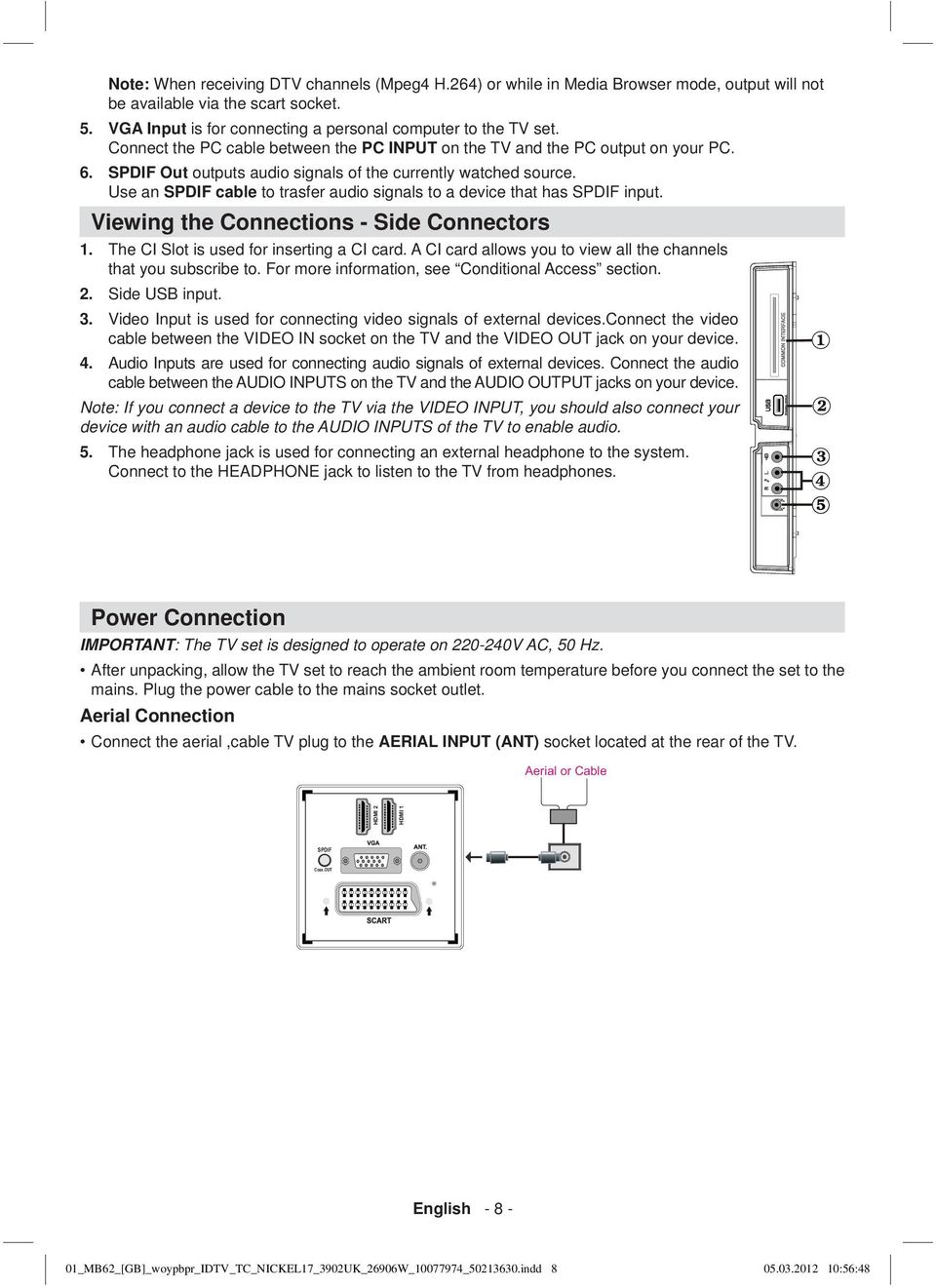 Use an SPDIF cable to trasfer audio signals to a device that has SPDIF input. Viewing the Connections - Side Connectors 1. The CI Slot is used for inserting a CI card.