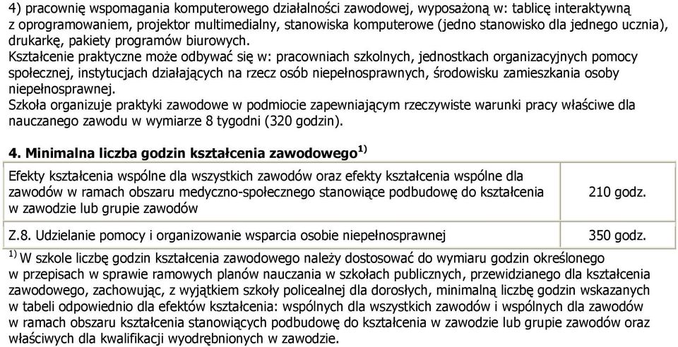 Kształcenie praktyczne moŝe odbywać się w: pracowniach szkolnych, jednostkach organizacyjnych pomocy społecznej, instytucjach działających na rzecz osób niepełnosprawnych, środowisku zamieszkania