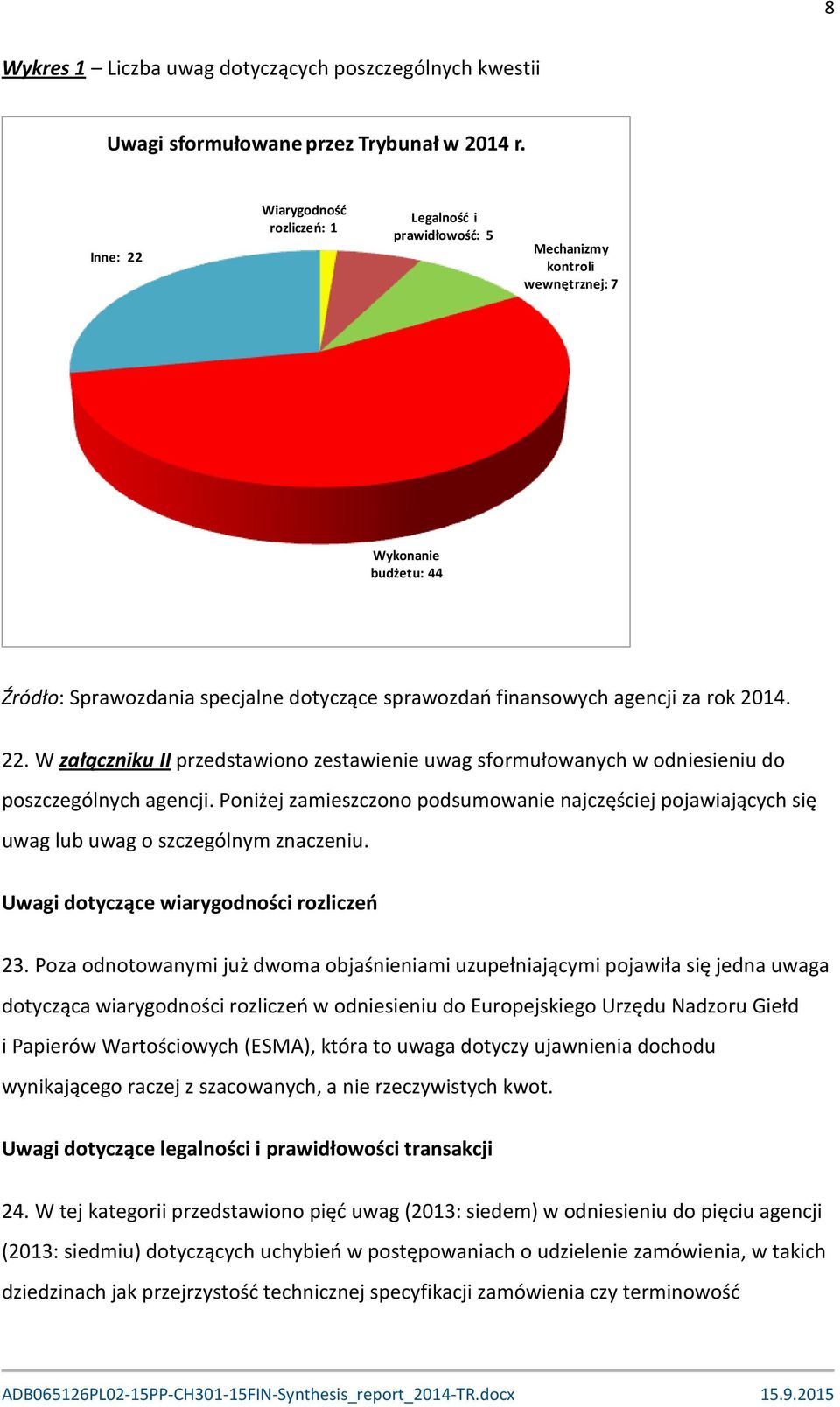 2014. 22. W załączniku II przedstawiono zestawienie uwag sformułowanych w odniesieniu do poszczególnych agencji.