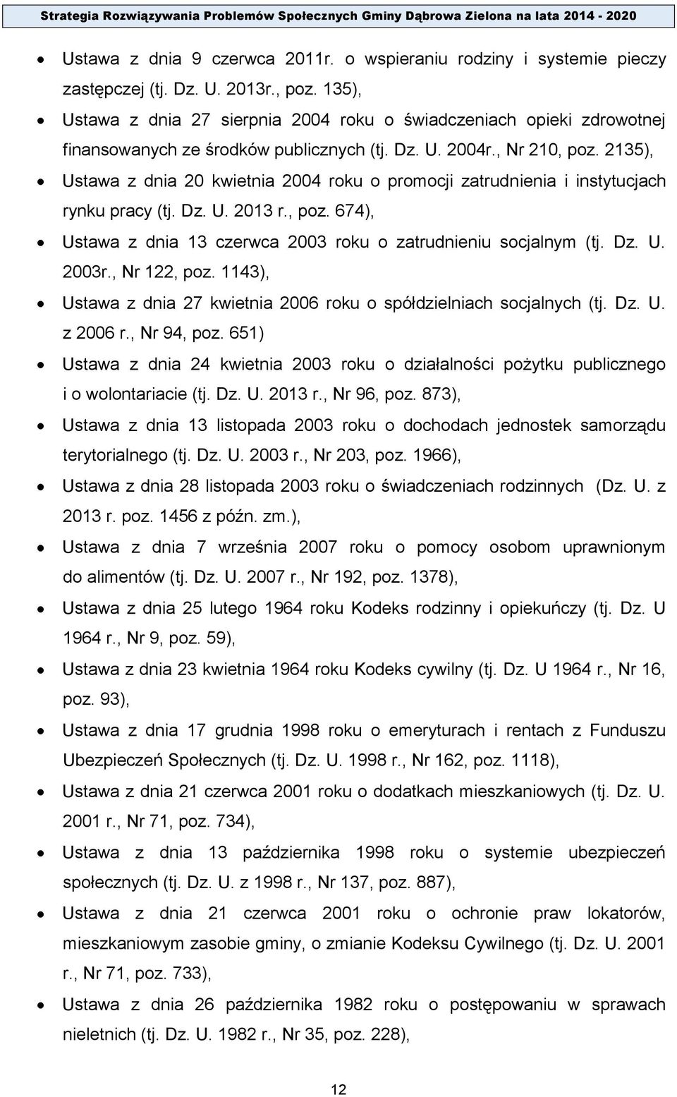 2135), Ustawa z dnia 20 kwietnia 2004 roku o promocji zatrudnienia i instytucjach rynku pracy (tj. Dz. U. 2013 r., poz. 674), Ustawa z dnia 13 czerwca 2003 roku o zatrudnieniu socjalnym (tj. Dz. U. 2003r.